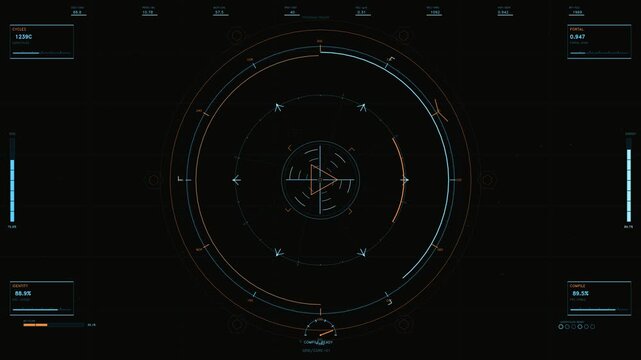 Futuristic HUD interface with circular telemetry gauges and orange data readouts on dark background
