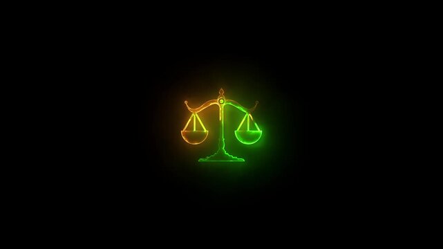 Neon glowing justice icon video animation . Neon glowing  Scales and justice video animation on black background. neon Justice scale balance symbol law concept animation. 4K video
