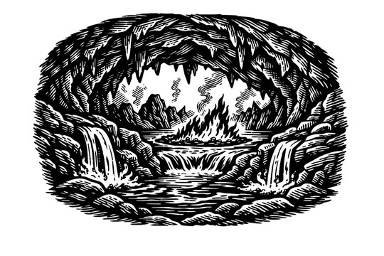 A black and white illustration of a cave with a waterfall and fire burning in the distance, surrounded by rocky cliffs and stalactites.