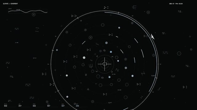 Futuristic tactical HUD interface with circular radar display and telemetry data readout visualization