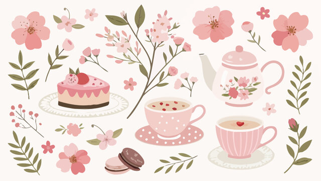 Set of cute pink tea party elements with teapot, teacups, cake, macarons and cherry blossom flowers
