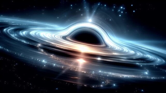 Black hole, fantasy, mysterious. A vivid digital artwork depicts a cosmic scene. A swirling black hole is the central subject, surrounded by a radiant glow emanating from its center.