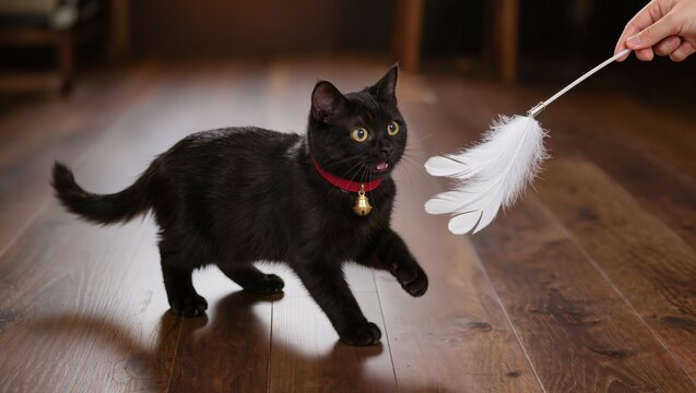 Black cat playing with a white feather toy held by a hand in a bright.