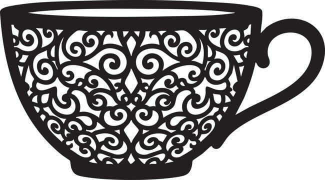 Elegant black tea cup with intricate lace pattern