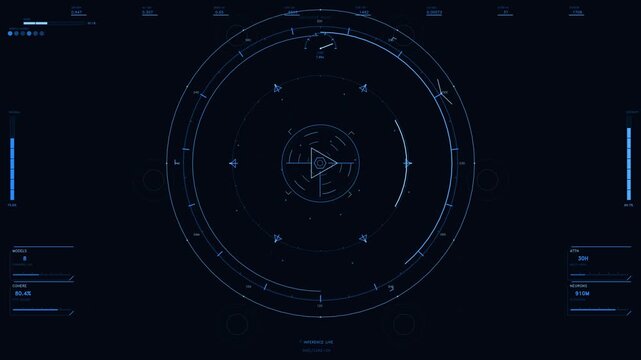 Futuristic blue HUD interface featuring rotating circular elements and artificial intelligence data telemetry readouts