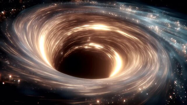 Black hole, fantasy, mysterious. A vivid depiction of a cosmic scene depicts a swirling vortex of light and shadow. The central subject is a black hole.