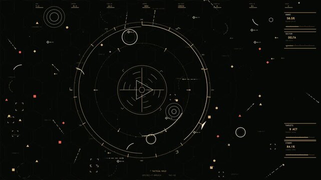 Futuristic tactical HUD interface with amber telemetry data circular reticles and target tracking markers