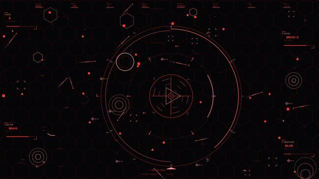 Red futuristic tactical HUD interface with mission control telemetry and radar tracking display