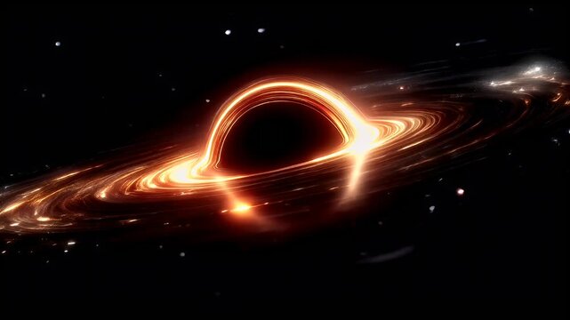Black hole, fantasy, mysterious. A vivid digital artwork depicts a swirling vortex of light and shadow against a deep black background. The vortex is a mesmerizing blend of fiery oranges, reds.