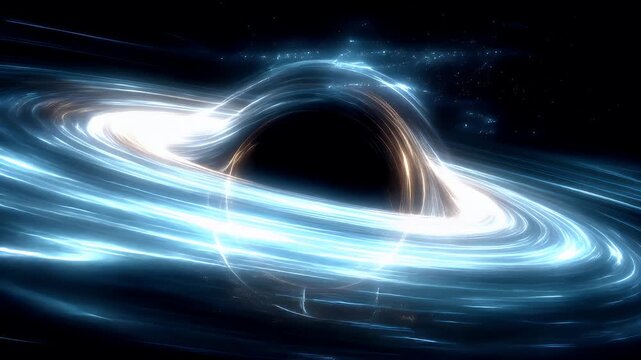 Black hole, fantasy, mysterious. A digital artwork depicts a swirling vortex of light and shadow against a dark, starry background. The vortex is composed of a series of concentric circles.