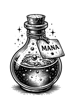 Black and white illustration of a glass bottle labeled MANA with a magical swirling liquid and bubbles inside