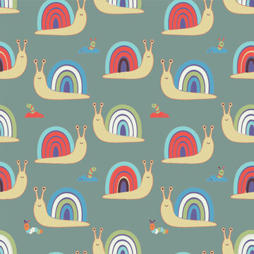 Adorable smiling snail character pattern with colorful rainbow shells and worms. Whimsical vector background for nursery decor, textile, and paper.
