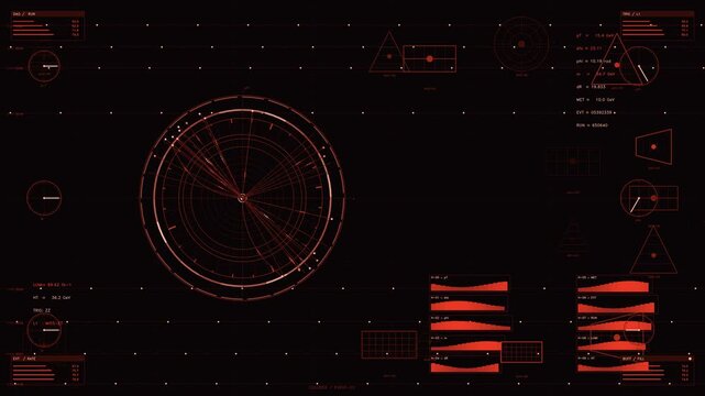 Futuristic red particle collider telemetry interface with digital data visualization and radar tracking