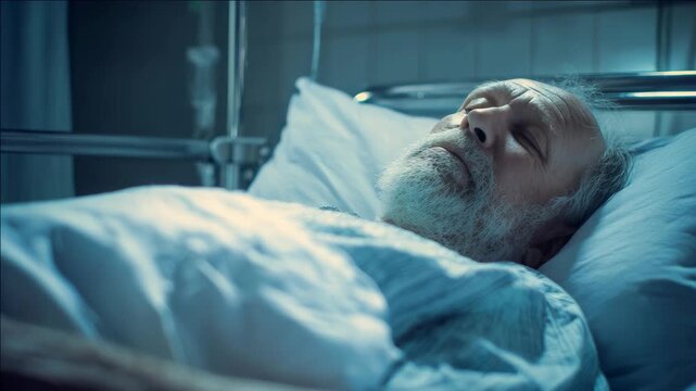Portraying a sense of illness and vulnerability, this captures an elderly man lying in a hospital bed with medical equipment around him. His face reflects discomfort and fatigue.