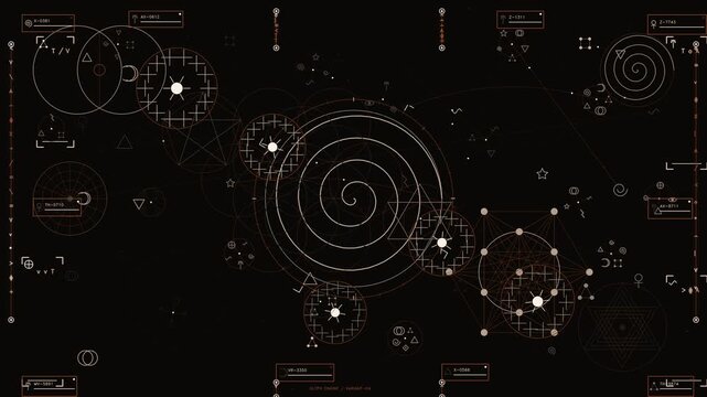 Futuristic HUD interface featuring complex geometric data visualization and alphanumeric telemetry on dark background