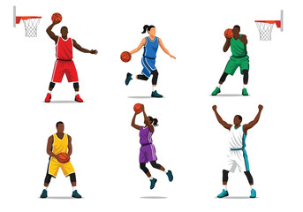Fototapeta premium Basketball Players. Diverse Vector Illustration Set. Flat Design. Sports Concept Graphic Elements.