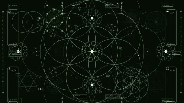 Green futuristic HUD interface with sacred geometry patterns and technical telemetry data overlay