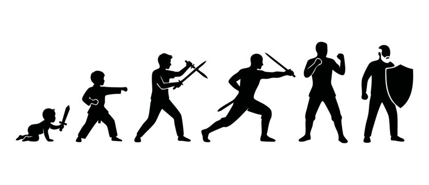 Human Evolution Warrior Silhouette Set: From Baby To Adult Fighter With Sword And Shield. Concept of growth, strength, development, and martial arts progression in black isolated vector design graphic