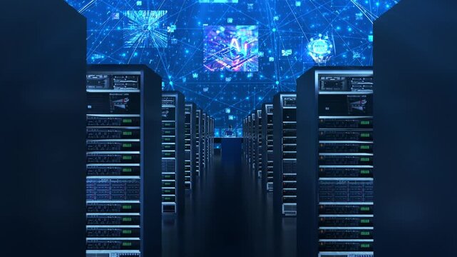 High-tech server room, technology big data storage service center, futuristic digital ecosystem, holographic operator manages data dashboards, a technician works in a server-filled data center.