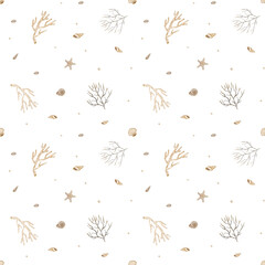 Naklejka premium Watercolor pattern underwater beige seashells, corals. Seamless marine print. Hand drawn illustrations in vintage starfish, spiral, scallop white background for textile design fabric clothes wallpaper