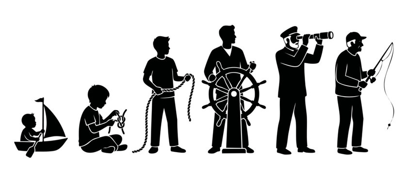 Sailor life stages silhouette illustration, from childhood to old age fisherman, depicting marine career progression, nautical growth, vessel navigation, maritime hobby, and seafaring journey conceptu
