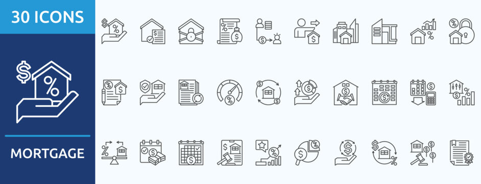 mortgage
 - Icon Collection. Thin outline Set contains such Icons as collateral, foreclosure, loan, borrower, lender, property, real estate and more. Simple web icons set
