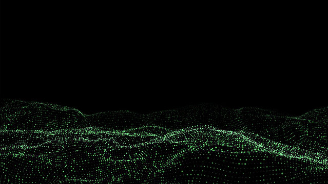 Vector glowing green wave with motion dots. Abstract digital background. Concept connection big data. Futuristic technology backdrop.