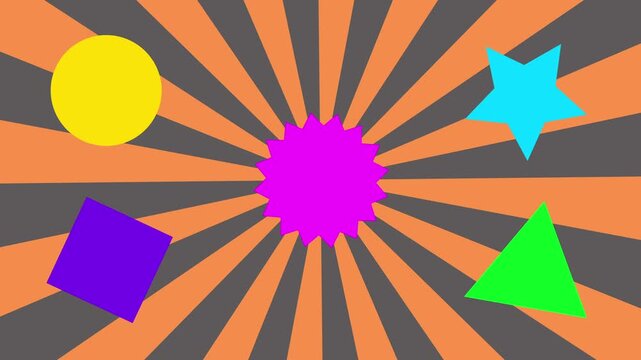 A diverse collection of basic geometric shapes, including a yellow circle, purple diamond, cyan star, and green triangle