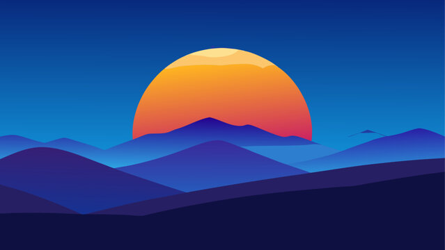 Full moon rising over dark mountains at twilight