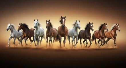 Fototapeta premium seven galloping horses in golden sunset light with motion blur and warm atmosphere