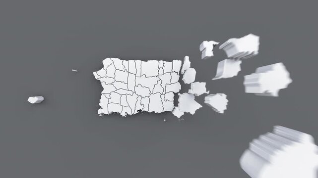 Puerto Rico political map animation with assembling regions on gray background
