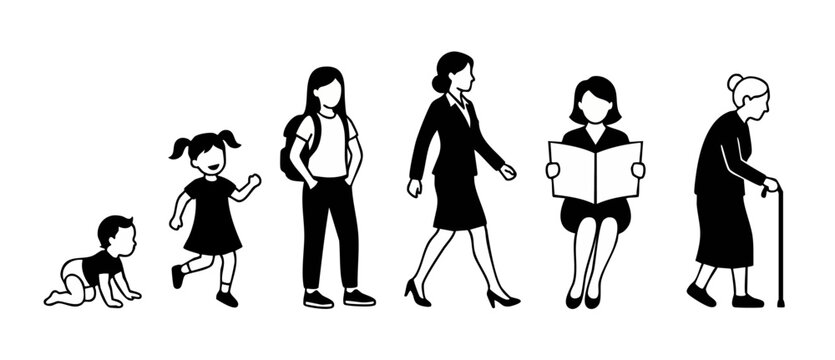 Human life cycle stages silhouette, aging process from baby to elderly woman, growth progression icons vector illustration representing development, maturation, transition, lifetime and generations co