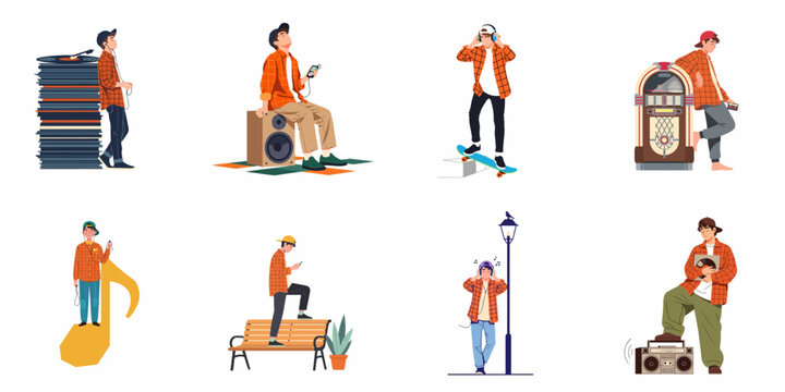 Collection of flat illustrations depicting a young man listening to music using headphones, vinyl records, a jukebox, and a boombox in various poses.