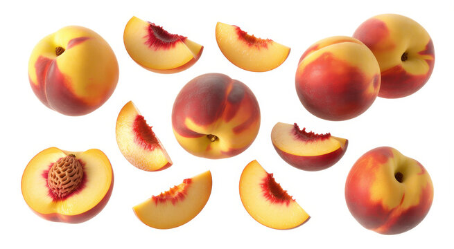 A collection of whole and sliced fresh peaches with pits isolated on a plain white background