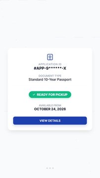 Passport service card with ready for pickup status interface