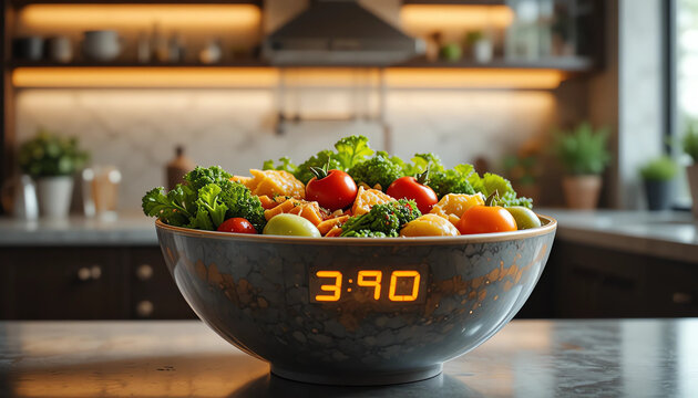 Healthy meal bowl with orange neon calorie counter and floating vegetables, luxury kitchen background