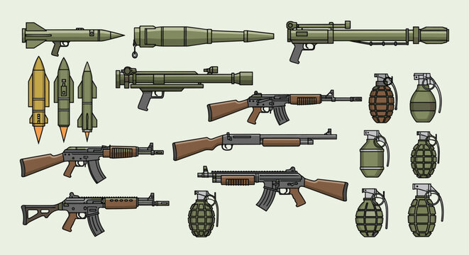 Detailed set of modern military equipment including assault rifles, grenades, rocket launchers, and missiles in green colors.
