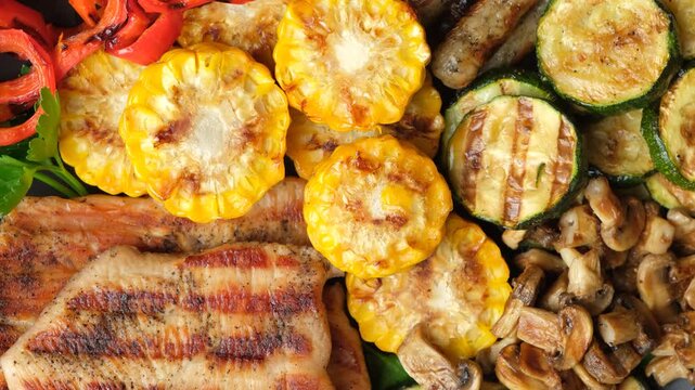 Top view of colorful grilled food variety
