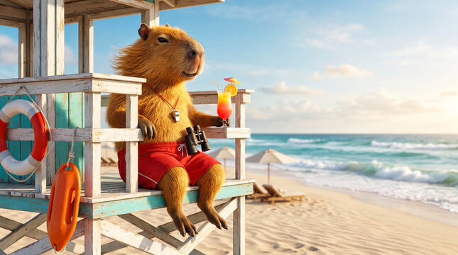 Capybara sitting on lifeguard chair by sea with cocktail, tropical summer humor concept.