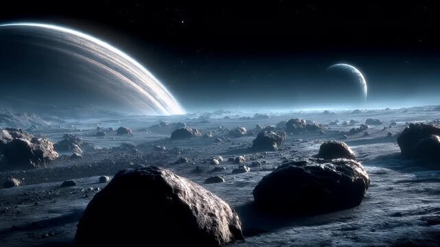 Space universe exploration, fantasy, mysterious. A vivid, realistic depiction of a celestial landscape. The main subject is a vast expanse of rocky terrain, with numerous large.