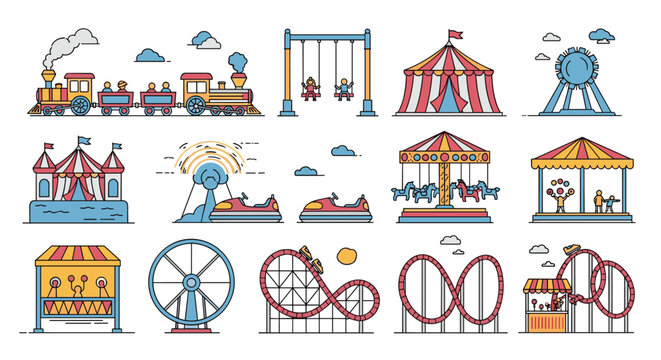 Comprehensive set of amusement park icons including a train, swings, ferris wheel, carousel, bumper cars, and roller coasters in thin line style.