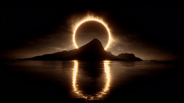 Eclipse, fantasy, mysterious, supernatural. A dramatic, atmospheric depiction of a celestial event, likely a solar eclipse. The main subject is a majestic mountain.