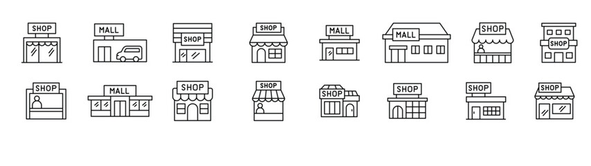 Fototapeta premium Set of shop line icons. contains such Icons as, supermarket, shopping mall, hypermarket, store vector illustration