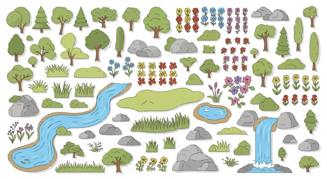 Hand-drawn nature landscape elements set, green trees and forest plants vector collection, blue river and waterfall icons for map design
