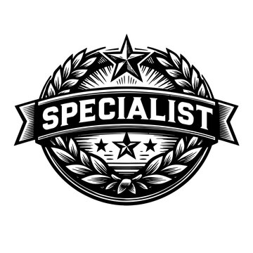 Black and white specialist badge with laurel wreath and stars for expert or professional use