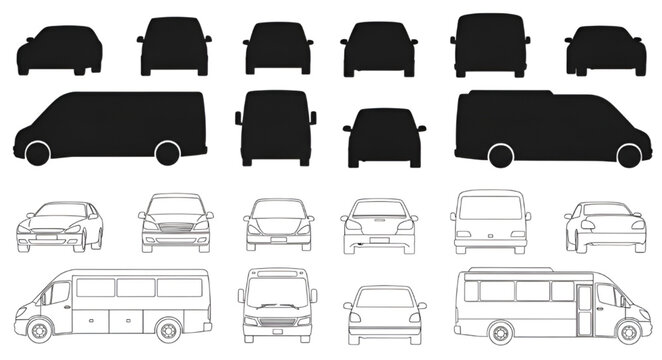 Vehicle Silhouette and Outline Set: Car, Bus, and Van Icons in Front, Back, and Side Views