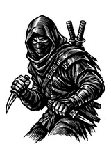 Fototapeta premium A stealthy ninja warrior in a hooded cloak holding a dagger and swords on a white background for designs