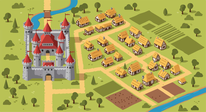 Medieval isometric village vector illustration, ancient stone castle with red roofs, historic kingdom landscape with small houses and farm fields