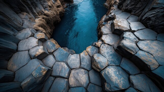 Volcanic Basalt Columns Canyon Deep Blue River Aerial Natural Geological Beauty