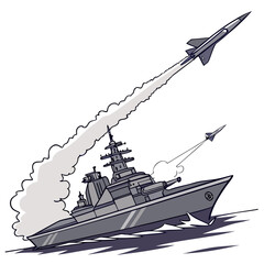warship firing rocket with smoke trail cartoon illustration on white background © md munna